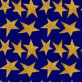 Seamless pattern with golden metallic stars on a night blue sky background