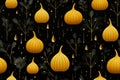 seamless pattern with golden onions and leaves on a black background