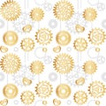 Seamless pattern with golden openwork gears on a white background with gray cogwheels and chains