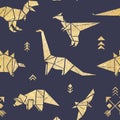 Seamless pattern with golden origami dinosaurs isolated on navy blue background.