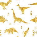 Seamless pattern with golden origami dinosaurs isolated on white background. Design for background, fabric, wrapping.