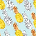 Seamless pattern of golden pineapples on blue background