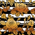 Seamless pattern golden roses on black white stripes pattern, grunge style print textile fabric vector Royalty Free Stock Photo