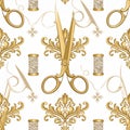Seamless pattern with golden scissors and spools of thread, baroque ornaments Royalty Free Stock Photo