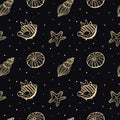 Seamless pattern of golden sea shells and seahorses on a black background with stars. Mystical background, textile