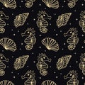 Seamless pattern of golden sea shells and seahorses on a black background with stars. Mystical background, textile