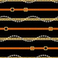 Seamless Pattern of Golden and Silver Chains with Belts, Designed for Textile Prints. Royalty Free Stock Photo