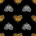 Seamless pattern golden and silver hearts made of flower petals isolated, black background, shiny heart shape repeating ornament Royalty Free Stock Photo