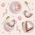 Seamless Pattern of Golden Spoons and Macaroons