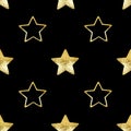 Seamless pattern golden stars on black background isolated, decorative shiny gold stars repeating ornament, Christmas backdrop