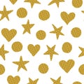 Seamless pattern. Golden stars, circles and hearts Royalty Free Stock Photo