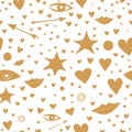 Seamless pattern with golden stars, hearts, lips, arrows, eyes. nice and festive