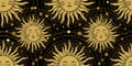 Seamless Pattern With The Golden Sun On A Black Background, Galaxies And Stars. Mystical Ornament In The Old Vintage