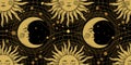 Seamless pattern with a golden sun with a face and a crescent on a black background, galaxy, moon, stars. Mystical