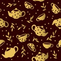 Seamless pattern with golden teapots and cups. Vector template.