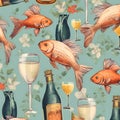 Seamless pattern with goldfish, bottle of wine and glasses of champagne Royalty Free Stock Photo