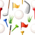 Seamless pattern of golf balls on different color tee and various golf clubs green grass golf course vector illustration isolated Royalty Free Stock Photo