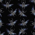 Seamless pattern Goliathus orientalis flower beetles on black background, vintage retro engrave style, entomology insect texture