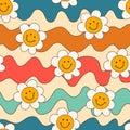 Seamless pattern good vibe 70s psychedelic groovy daisy and waves. pattern in hippie style Royalty Free Stock Photo