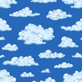 Seamless pattern with gorgeous natural cloudscape. Repetitive background with fluffy clouds or cury cumulus. Vector hand
