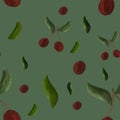 Seamless pattern with gouache cherries, leaves, and branches on green background. Summer, print, packaging, wallpaper, textile, st
