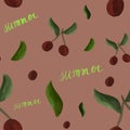Seamless pattern with gouache cherries, leaves, and summer handwritten text on red background. Summer, print, packaging, wallpaper