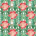 Seamless pattern of gouache decorative cacti and red and pink flowers Royalty Free Stock Photo