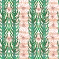 Seamless pattern of gouache green mexican cacti and beige surreal flowers with golden stripes Royalty Free Stock Photo
