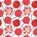 Seamless pattern of gouache red ornamental tropical and mexican flowers Royalty Free Stock Photo