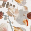 Seamless pattern with gouache textured shapes and isolated realistic photo shells, modern collage style