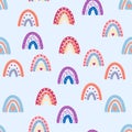 Seamless pattern graceful rainbows in boho colors. Scandinavian baby hand style for newborns.