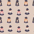 Seamless pattern of Graduated Multi Ethnic Diverse Students avatar in academic gown and cap. Pupil graduation during