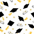 Seamless Pattern with Graduation Caps and Gold Stars