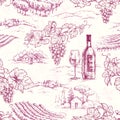 Seamless Pattern with Grape Branches and Vineyards