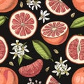 Seamless pattern with grapefruits, slices and flowers Royalty Free Stock Photo
