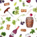 Seamless pattern with grapes, green leaves, grape vines, barrel, red wine bottle, wine corks and screw. Hand drawn watercolor Royalty Free Stock Photo