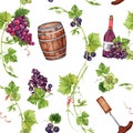 Seamless pattern with grapes, green leaves, grape vines, barrel, red wine bottle, wine corks and screw. Hand drawn watercolor Royalty Free Stock Photo