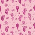 Seamless pattern grapes, vector illustration, bunches of grapes, leaves and twigs, cut grapes, sketch, red