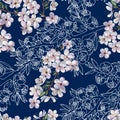 Seamless pattern from graphic branch flowers and flowers cherry.