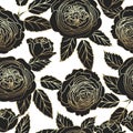 Seamless pattern with graphic dark and golden roses. Vector.