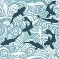 Sea waves sketch pattern and fish.. Ocean surf wave hand drawn seamless pattern vector illustration Royalty Free Stock Photo