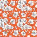 Seamless pattern with graphical white orchids on coral. Ink hand-drawn floral illustration.