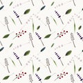 Seamless pattern with grass, herb, lavender, leaves. Drawing by watercolor, herbal ornament