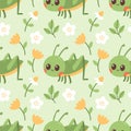 Seamless pattern of grasshopper, flowers and green leaf on green background vector illustration. Royalty Free Stock Photo