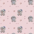 Seamless pattern with gray animals. Cute couple of hares - a girl with a flower and a boy with a gift on a pink