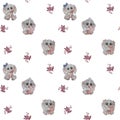 Seamless pattern with gray animals. Gray hares - boys and girls - with a flower and a heart in their paws on a white