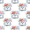 Seamless pattern of a gray kitten and floral wreath.Cat greeting card.