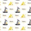 seamless pattern of gray mice and cheese