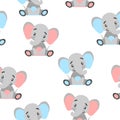 Seamless pattern with gray, pink and blue elephants