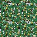 Seamless pattern with Great hornbill Buceros bicornis. Tropical bird great Indian hornbill near tropical plants Royalty Free Stock Photo